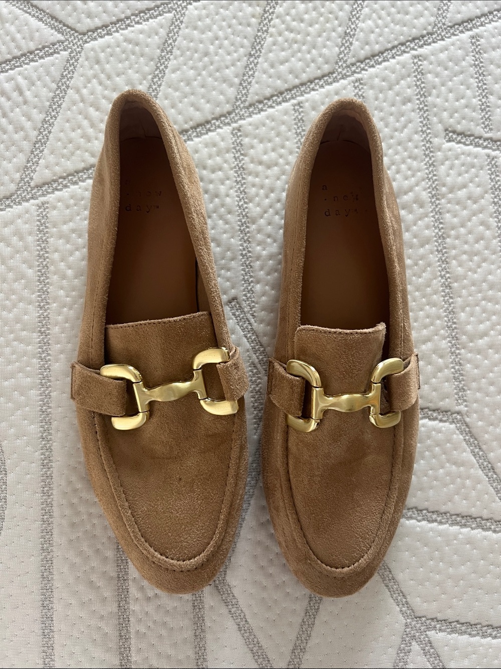 a new day Tan Suede Loafers with Gold Hardware